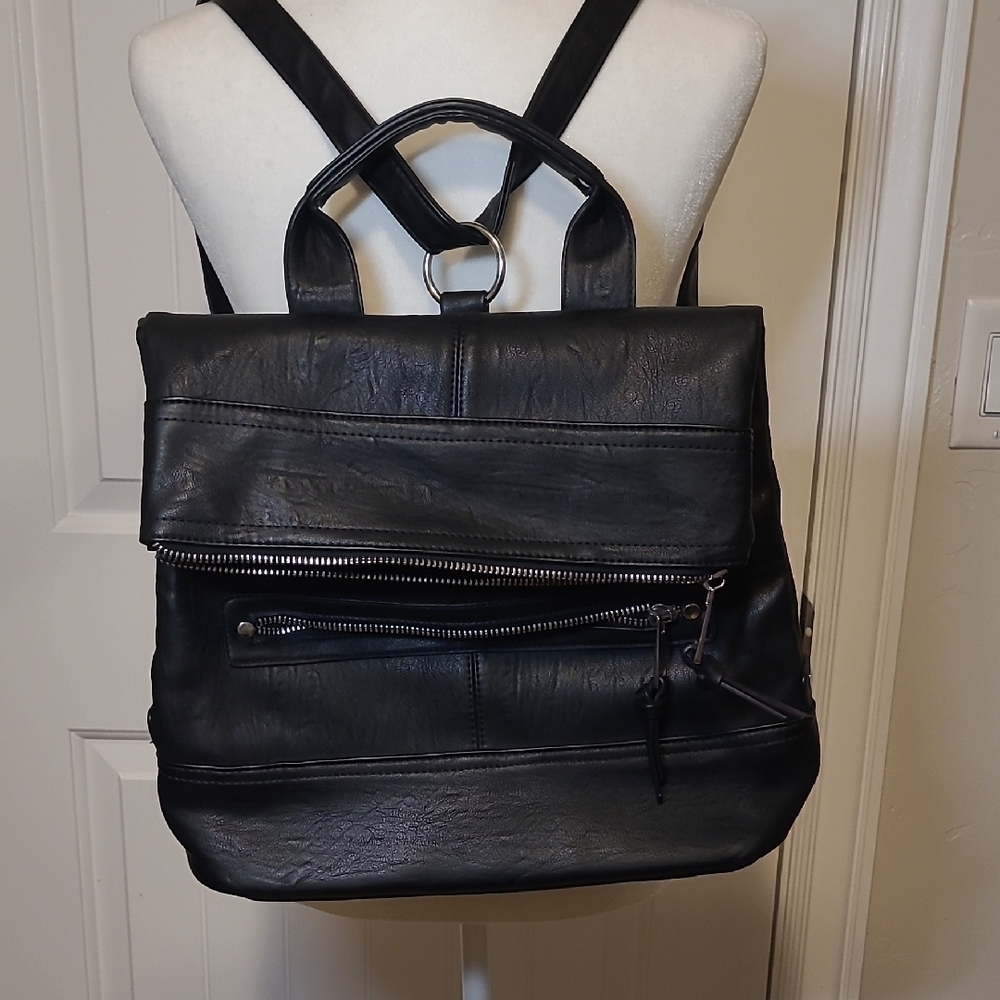 Black Leather Backpack with Textured Finish and Adjustable Straps